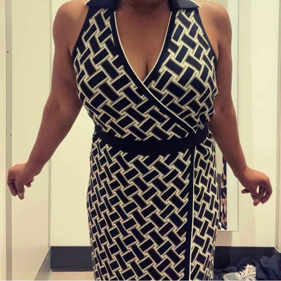 Women's Collared Sleeveless Vintage Weave Neutral Sweaterknit Midi Wrap Dress - Picture 9 of 10